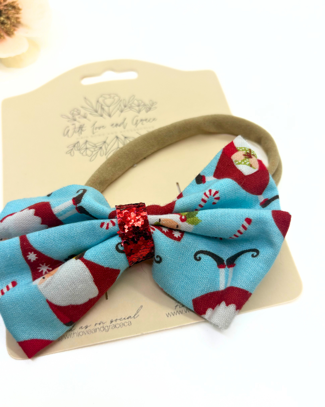 North Pole Classic Fabric Hairbow on Nylon Headband