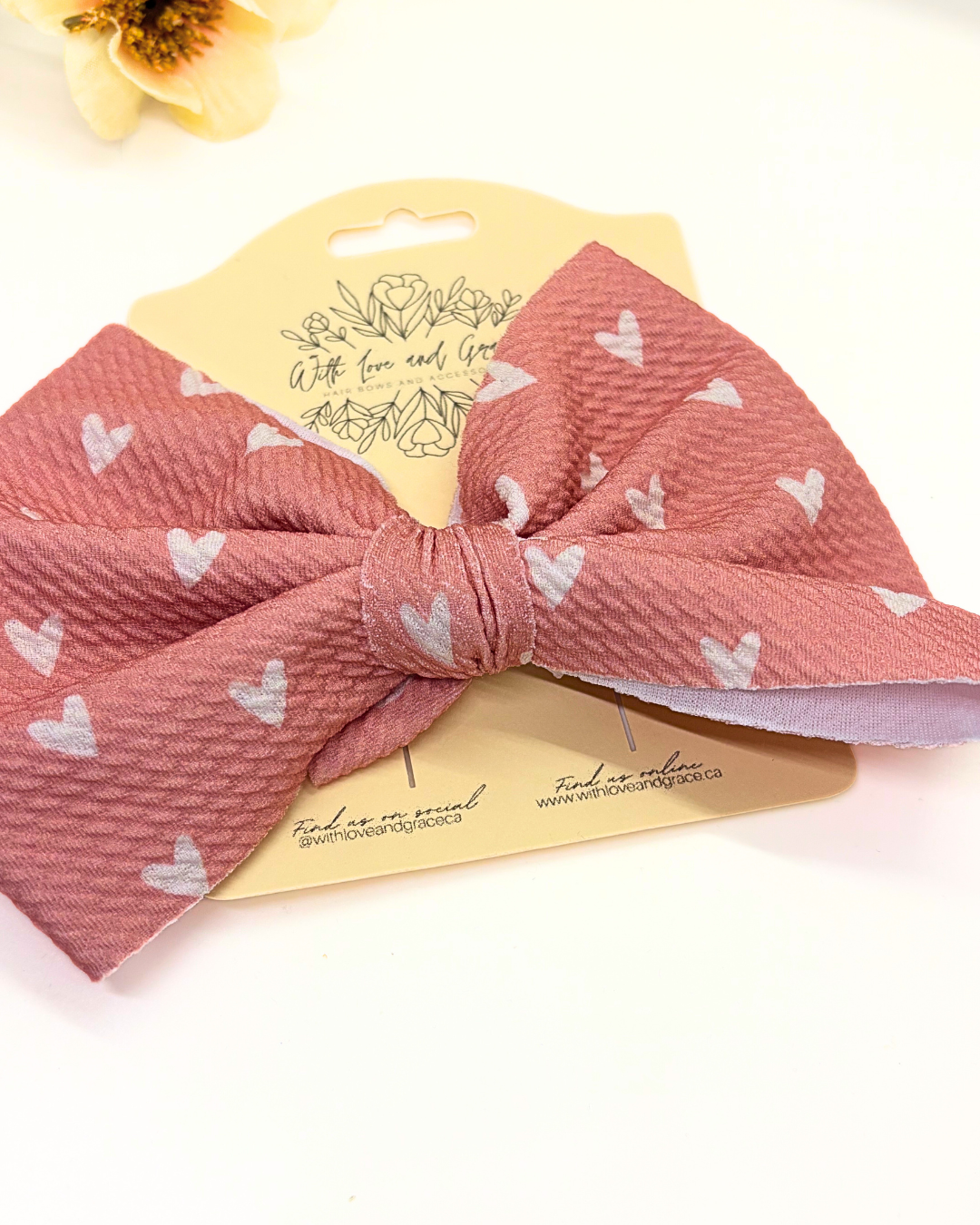 Pink and White Heart Fabric Hair Bow