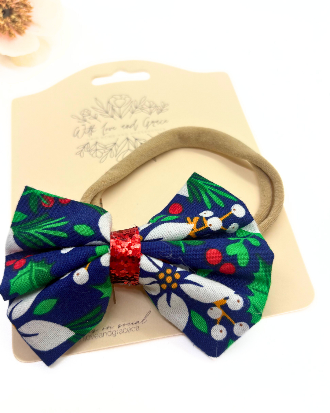 Christmas Floral Fabric Hairbow on Nylon Headband