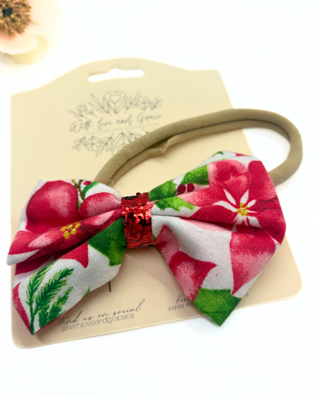 Christmas Floral Fabric Hairbow on Nylon Headband