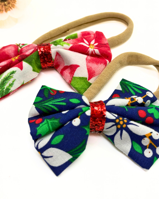 Christmas Floral Fabric Hairbow on Nylon Headband